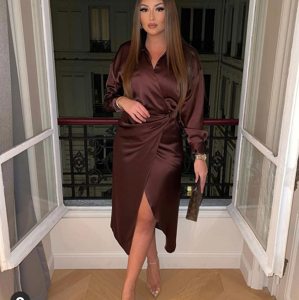 Zara * Satin Effect Wrap Dress Brown Midi*